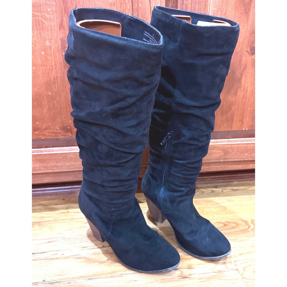 Merona Boots Womens 6.5 Slouch Knee High Tall Brown Faux Leather Stacked Heels